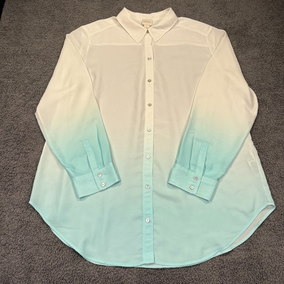 Chico's Tops - Chicos Shirt Women 3XL White Blue Ombre Coastal Sheer MOP Button Vacation Resort